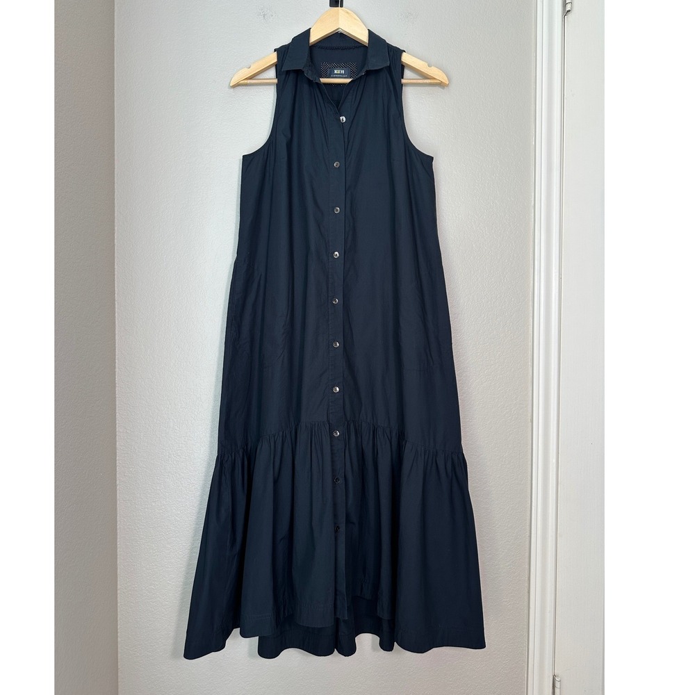 Maeve Anthropologie Paola Flounced Shirtdress Organic Cotton Small Navy Blue